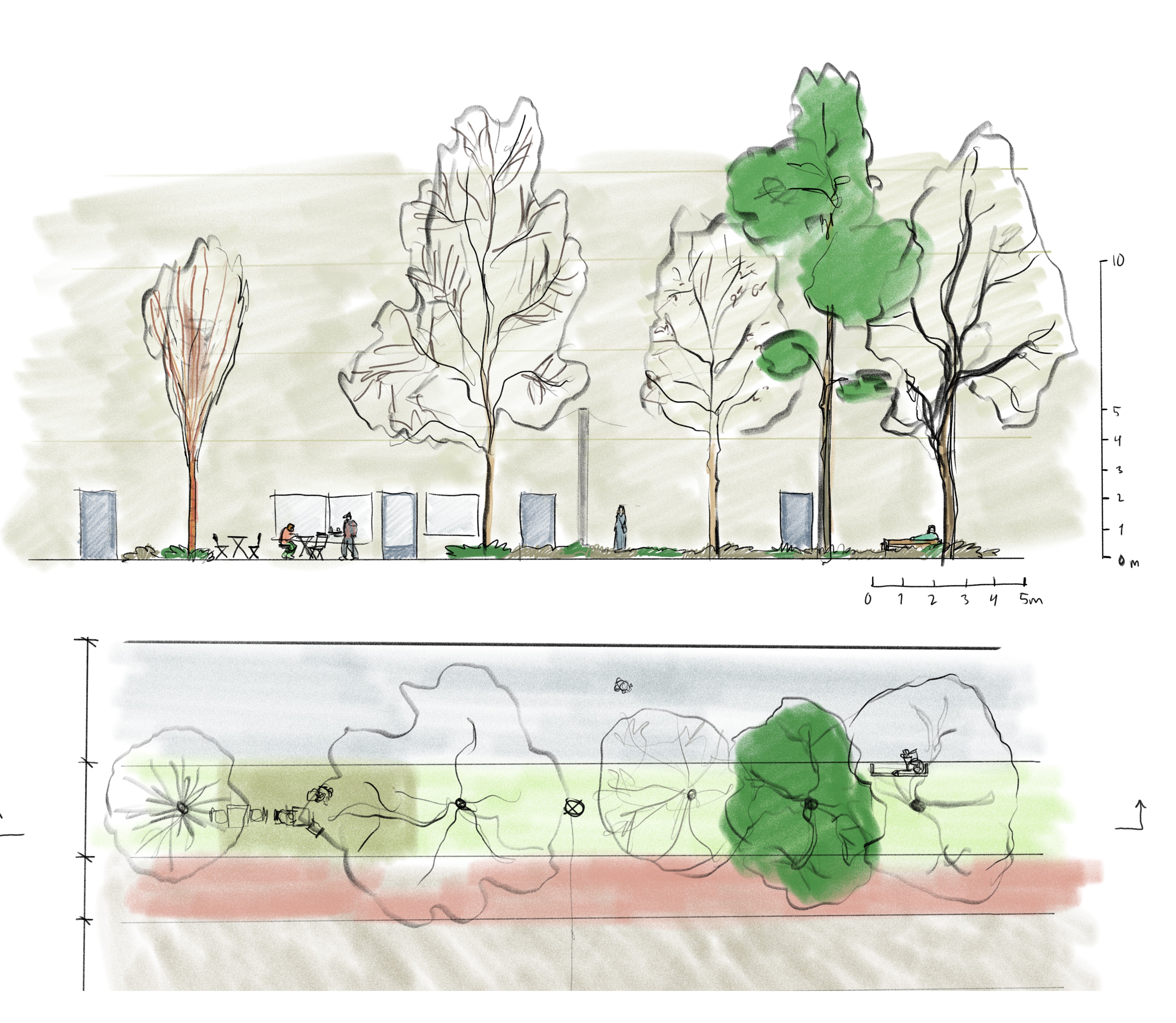 Illustration av principen för huvudgata, längdsektion och plan, tecknad bild.