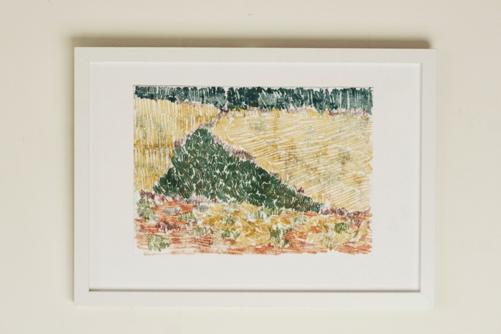 Inramat konstverk, landskap.