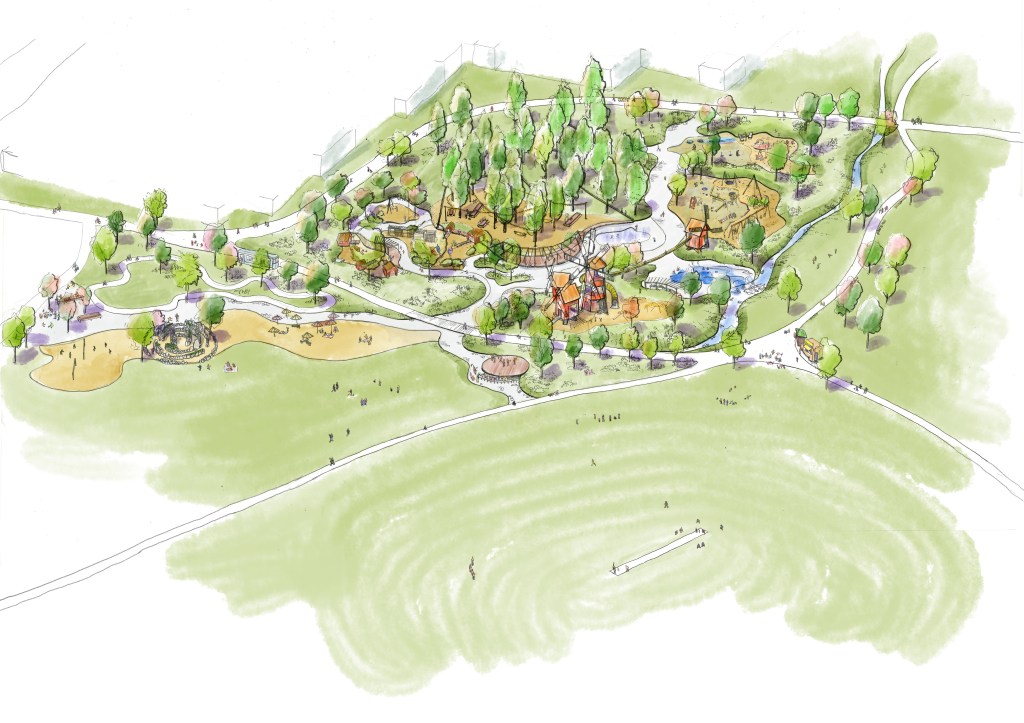 Teckning, perspektiv av lekplats.