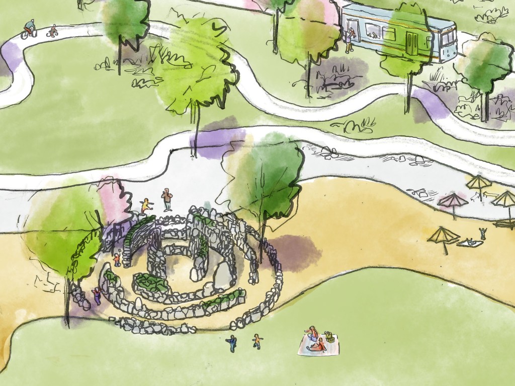 Teckning, perspektiv av lekplats.