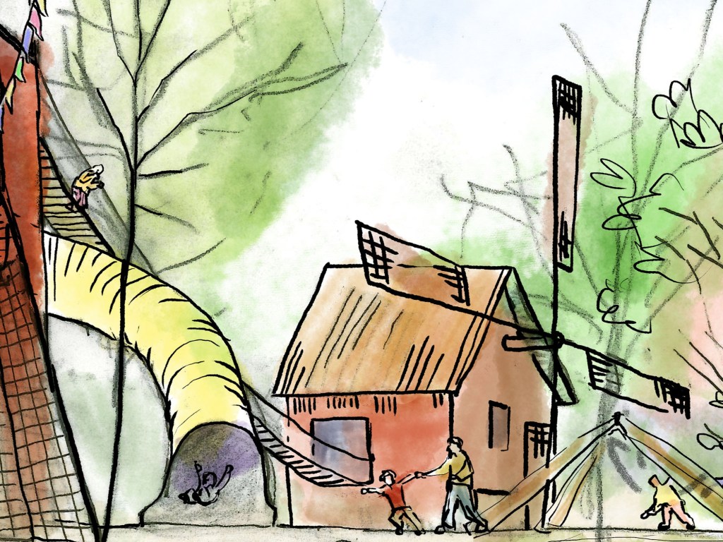 Teckning, perspektiv av lekplats.